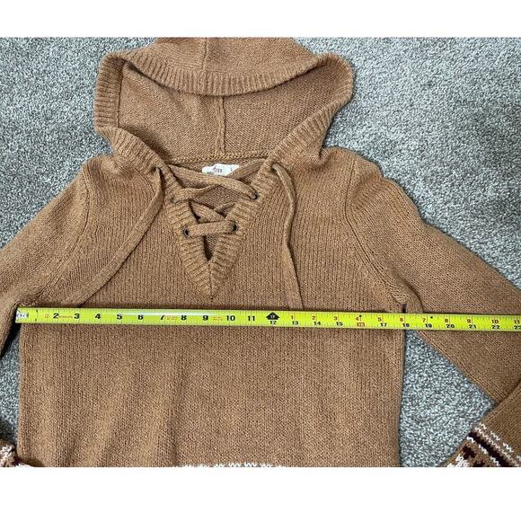 Hollister Hoodie Lace Up Pullover Aztec Western Cable Knit Sweater Tan S - Picture 9 of 10